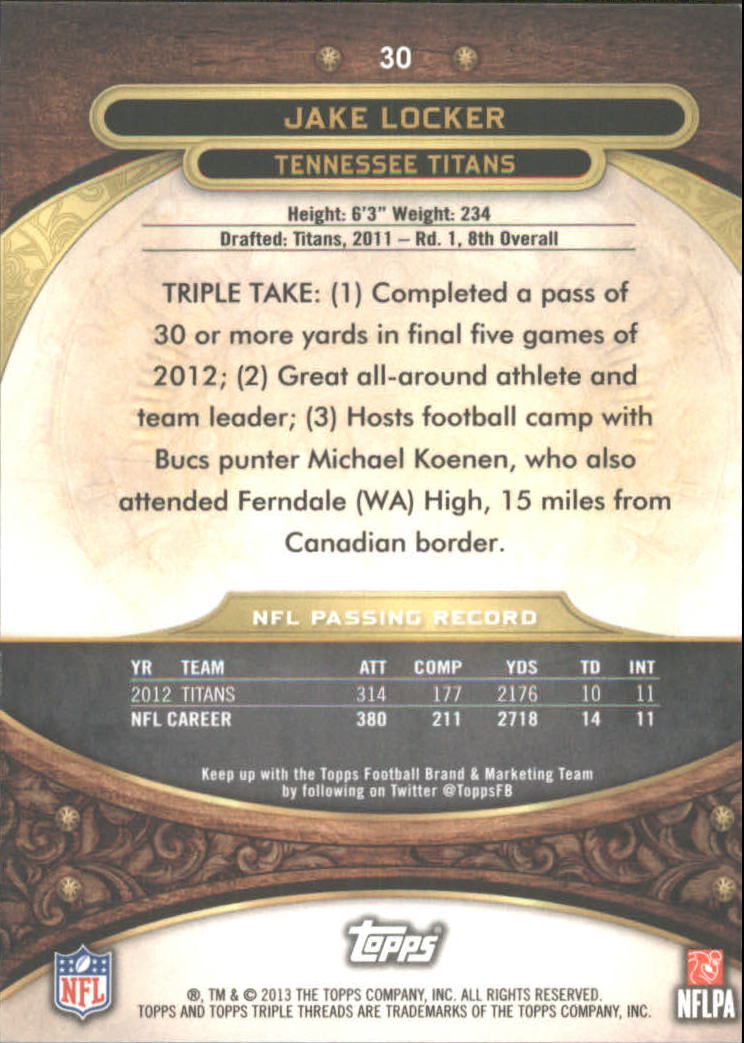 2013 Topps Triple Threads #30 Jake Locker back image