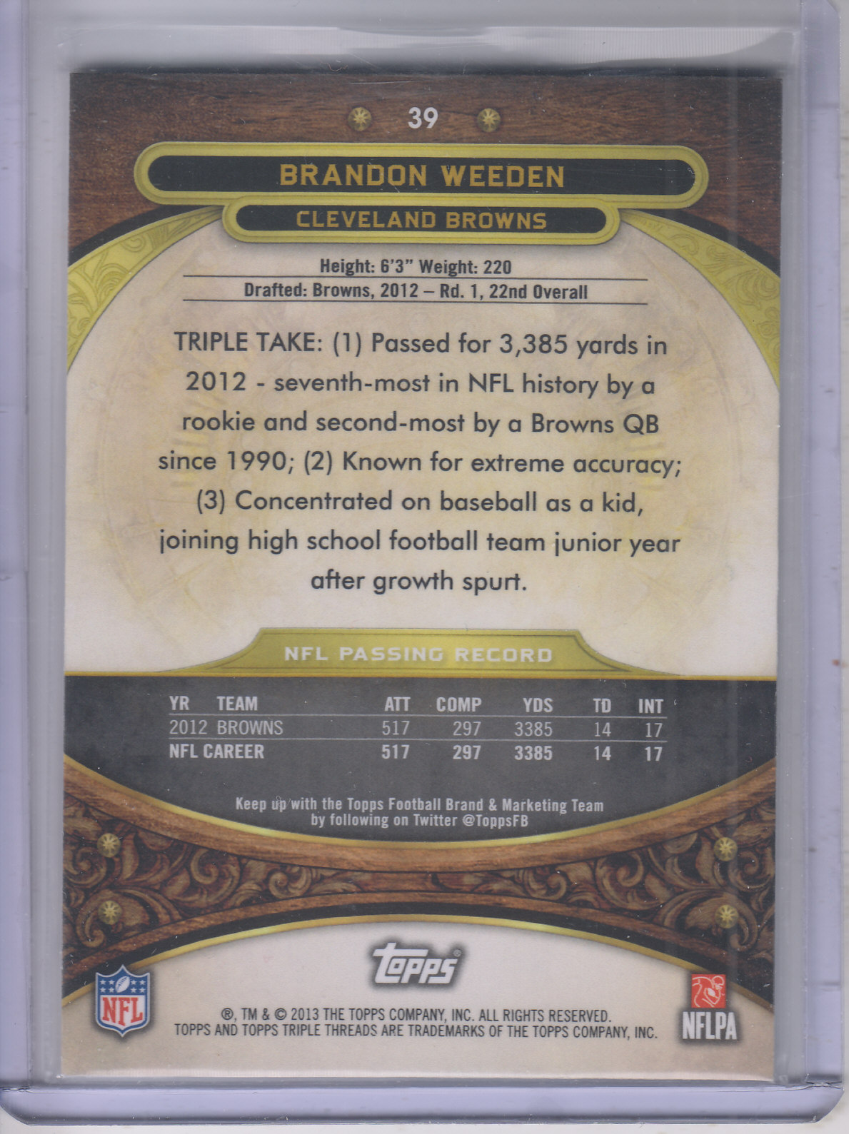 2013 Topps Triple Threads #39 Brandon Weeden back image
