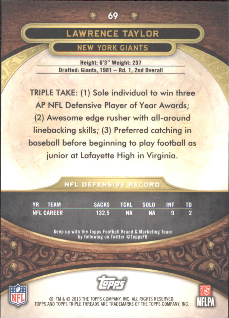 2013 Topps Triple Threads #69 Lawrence Taylor back image