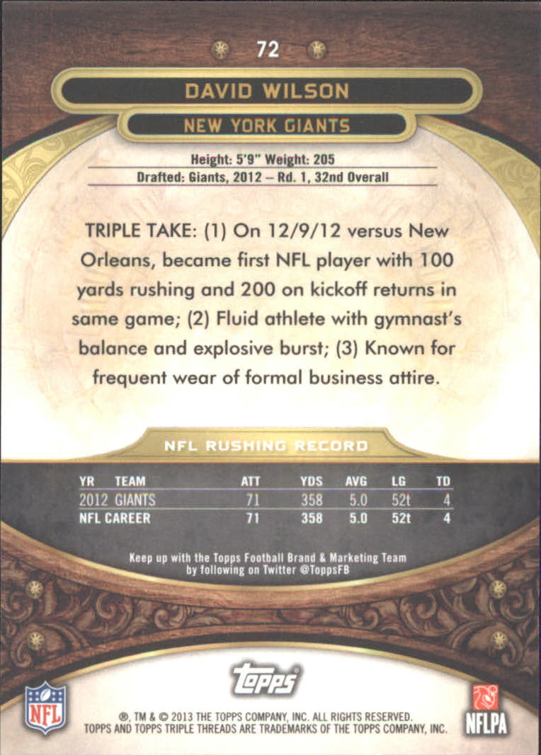 2013 Topps Triple Threads #72 David Wilson back image