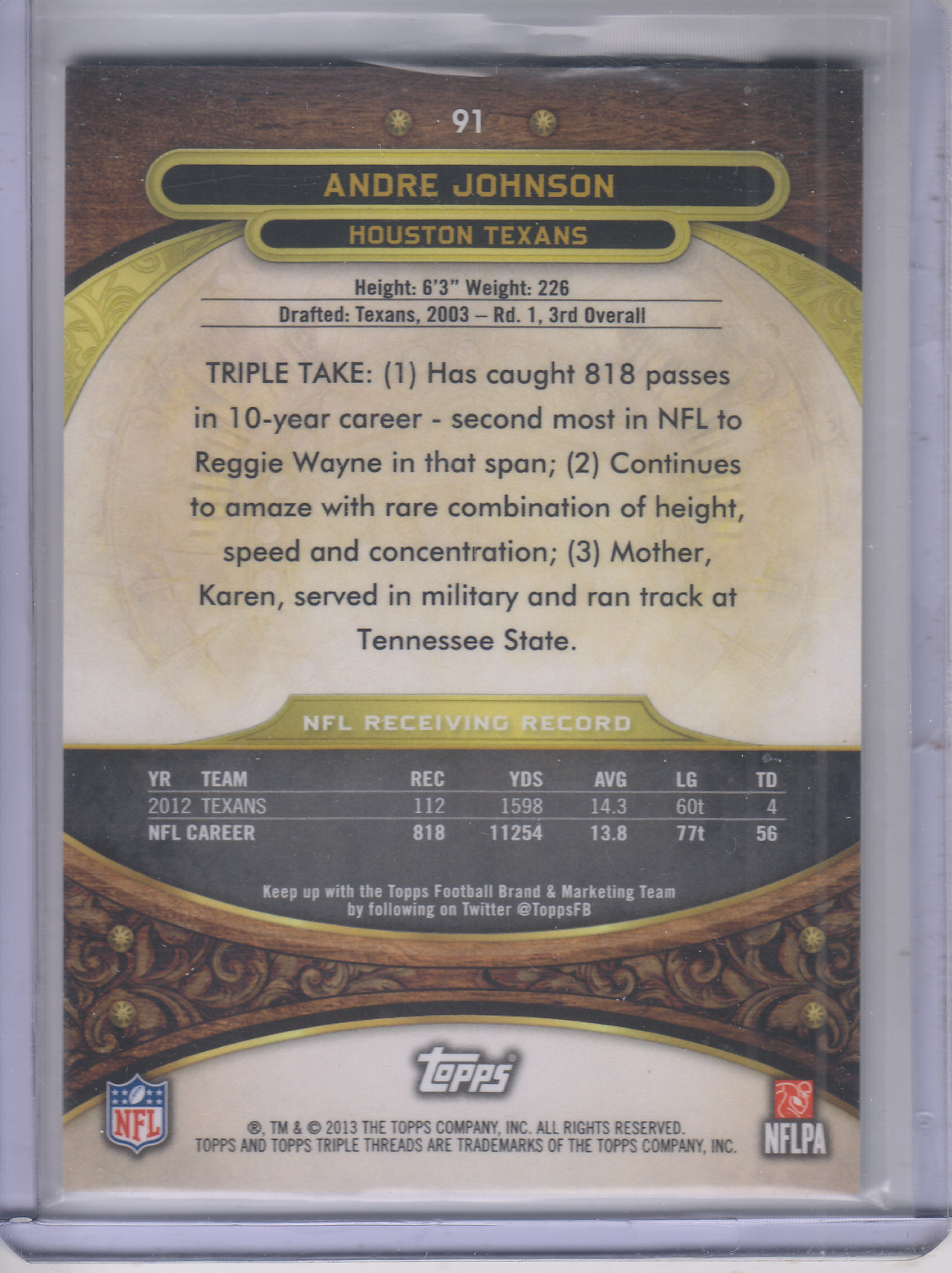 2013 Topps Triple Threads #91 Andre Johnson back image