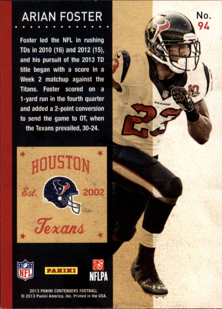 2013 Panini Contenders #94 Arian Foster back image