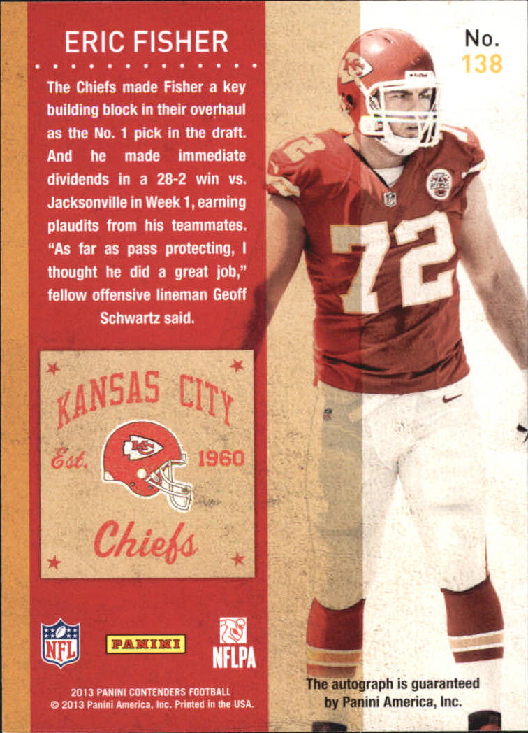 2013 Panini Contenders #138A Eric Fisher AU RC back image