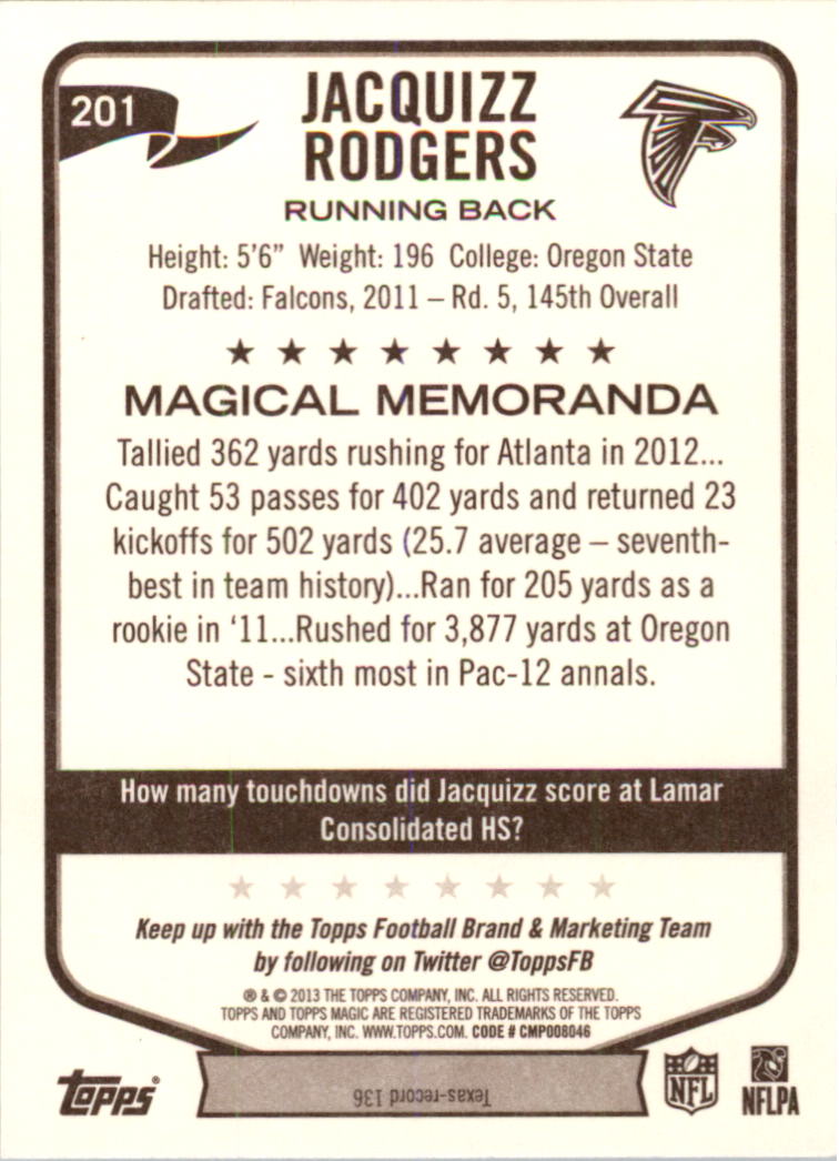 2013 Topps Magic #201 Jacquizz Rodgers back image