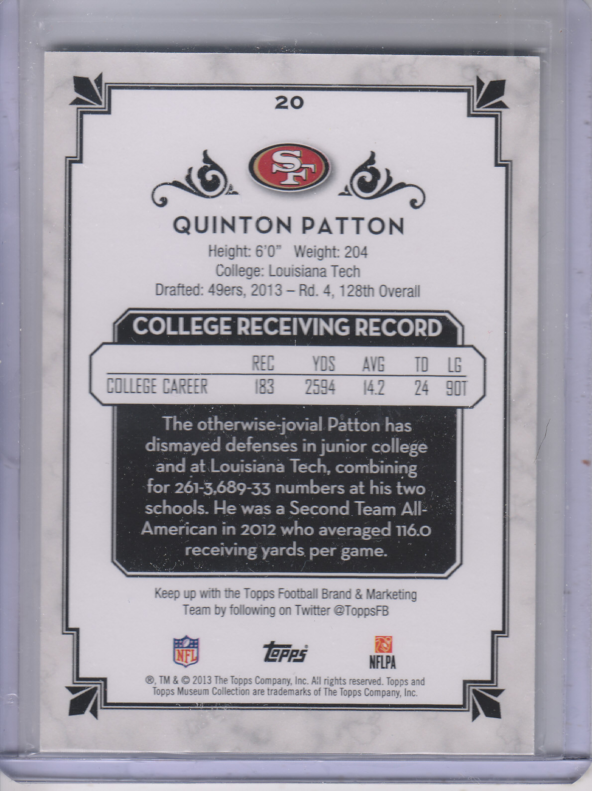 2013 Topps Museum Collection #20 Quinton Patton RC back image