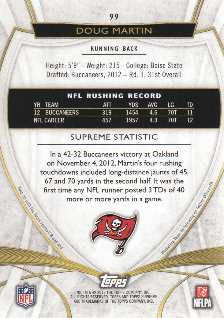 2013 Topps Supreme #99 Doug Martin back image