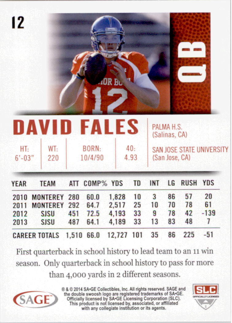 2014 SAGE HIT #12 David Fales back image