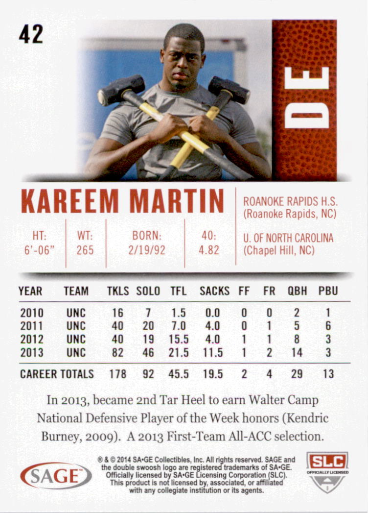 2014 SAGE HIT #42 Kareem Martin back image