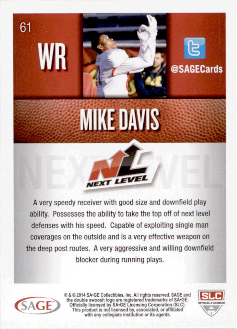 2014 SAGE HIT #61 Mike Davis NL back image