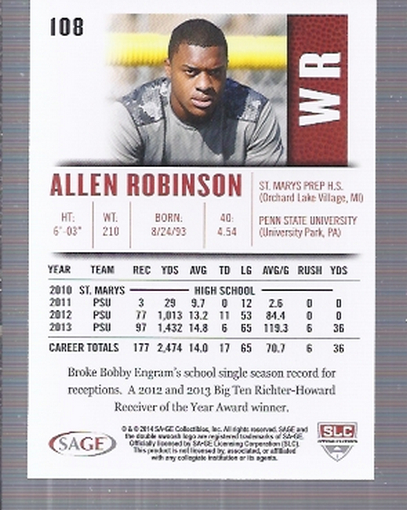 2014 SAGE HIT #108 Allen Robinson back image