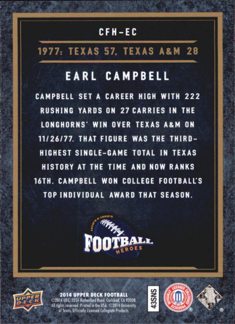 2014 Upper Deck 70s and 80s Football Heroes #CFHEC Earl Campbell back image