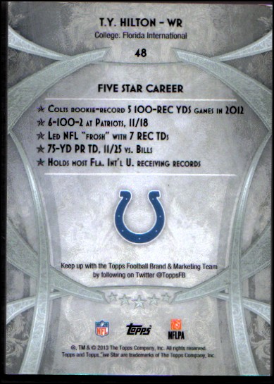 2013 Topps Five Star #48 T.Y. Hilton back image
