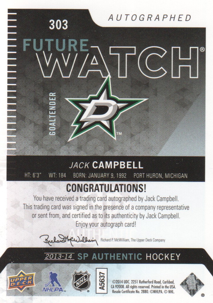 2013-14 SP Authentic #303 Jack Campbell AU RC back image