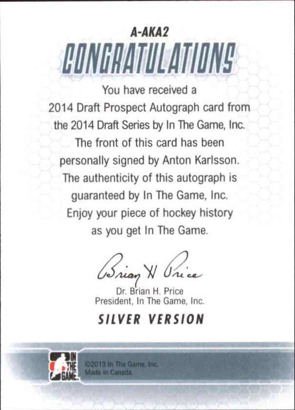 2014-15 ITG Draft Prospects Autographs #AAKA2 Anton Karlsson back image