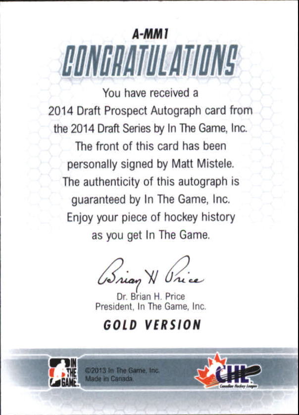 2014-15 ITG Draft Prospects Autographs Gold #AMM1 Matt Mistele back image