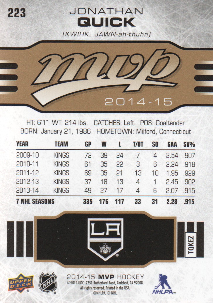 2014-15 Upper Deck MVP #223 Jonathan Quick SP back image