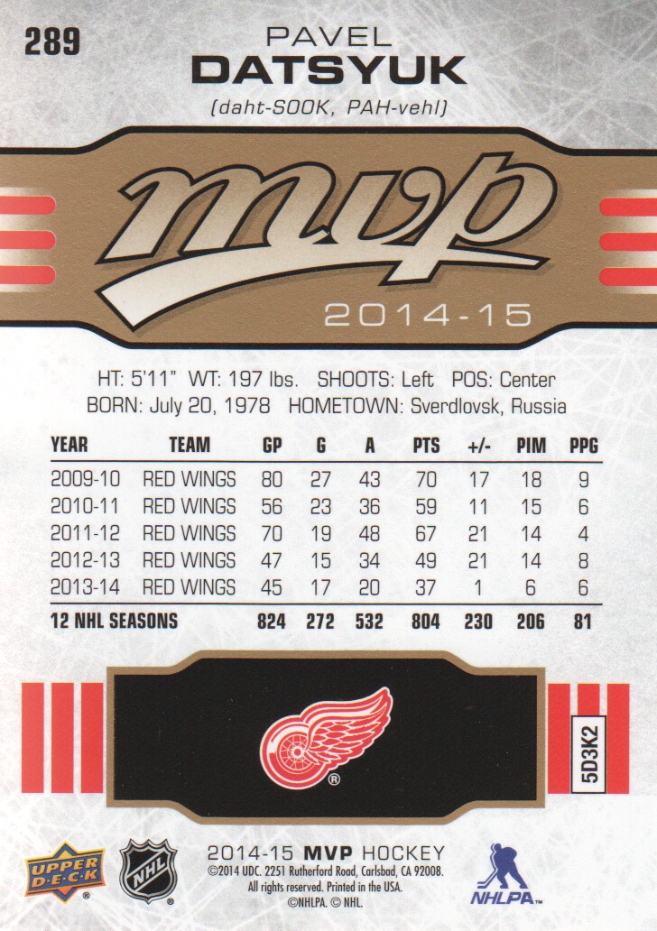 2014-15 Upper Deck MVP #289 Pavel Datsyuk SP back image