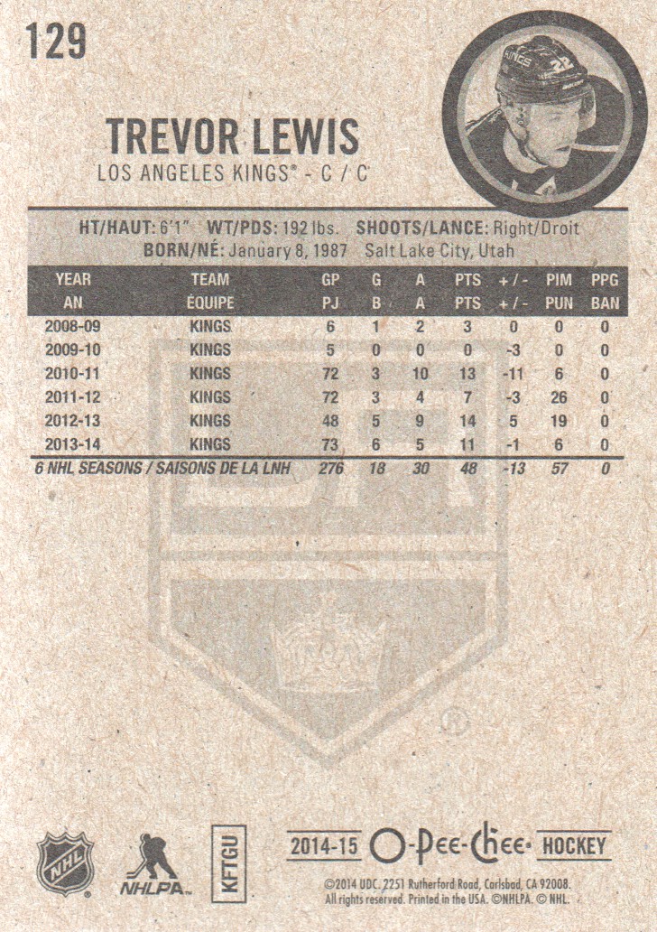 2014-15 O-Pee-Chee #129 Trevor Lewis back image