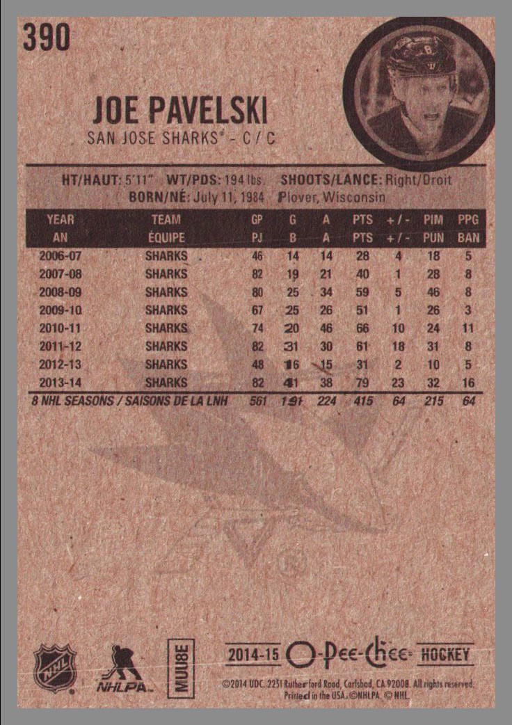 2014-15 O-Pee-Chee #390 Joe Pavelski back image