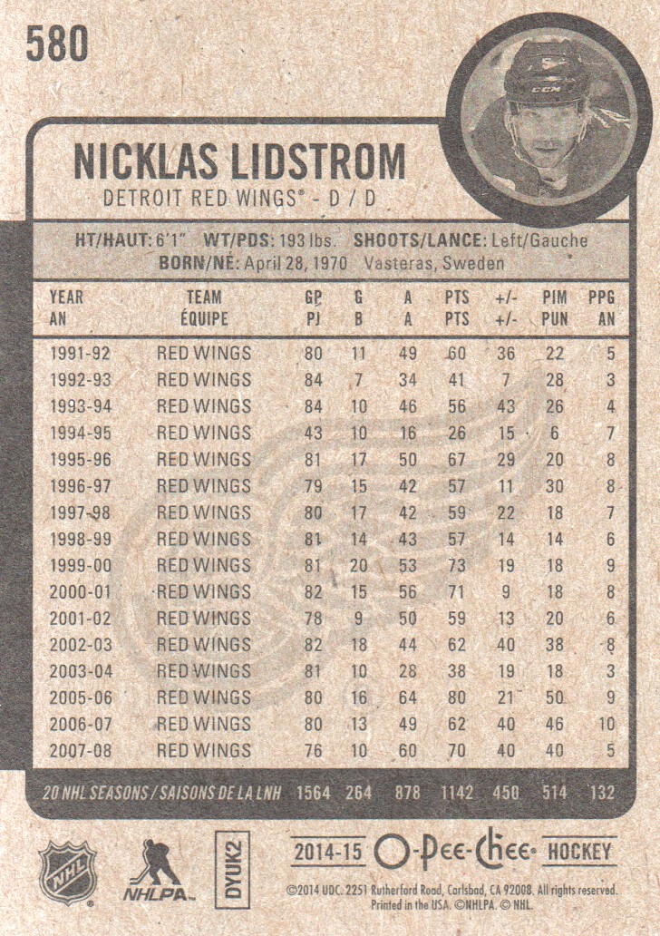 2014-15 O-Pee-Chee #580 Nicklas Lidstrom