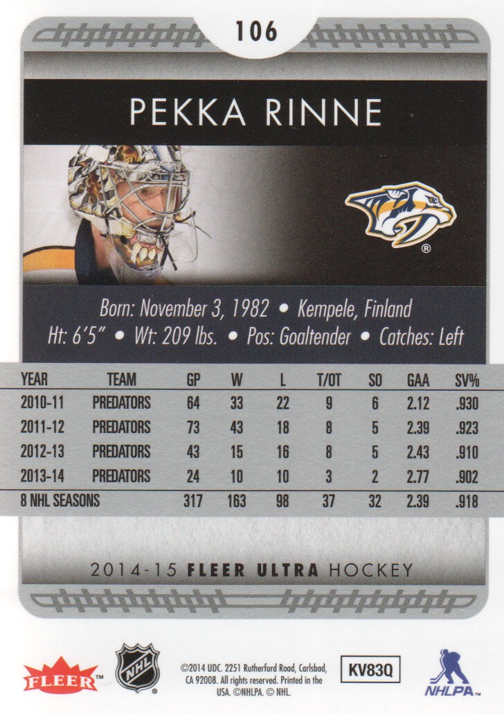 2014-15 Ultra #106 Pekka Rinne back image
