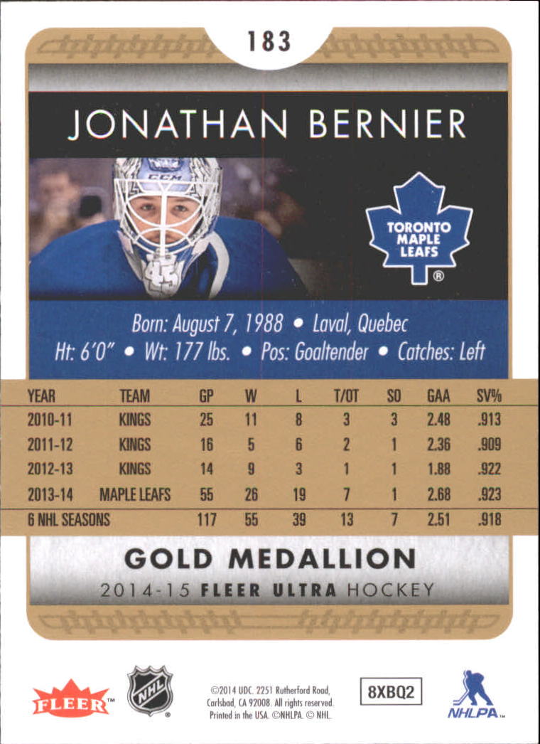2014-15 Ultra Gold Medallion #183 Jonathan Bernier back image