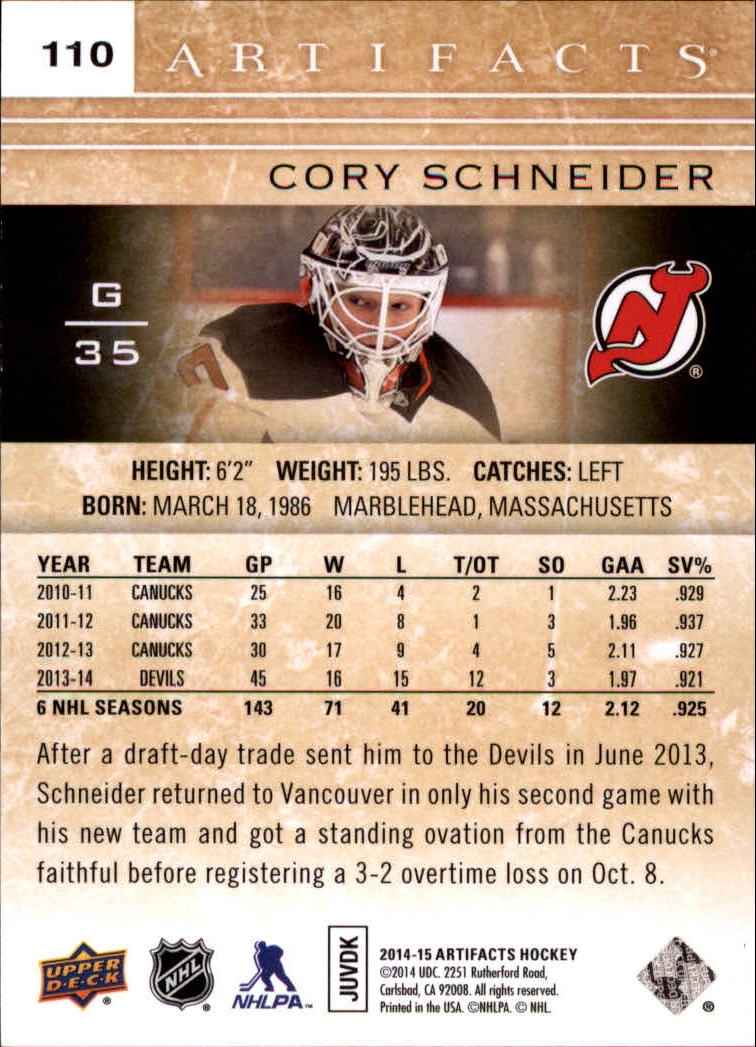 2014-15 Artifacts Ruby #110 Cory Schneider back image