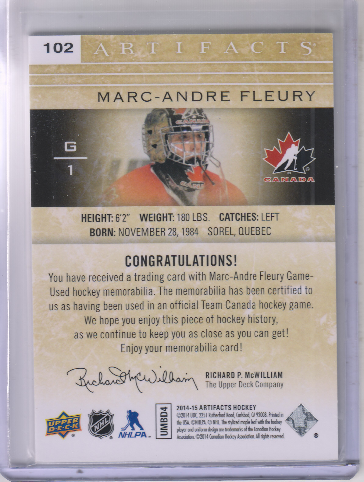 2014-15 Artifacts Jerseys #102 Marc-Andre Fleury back image
