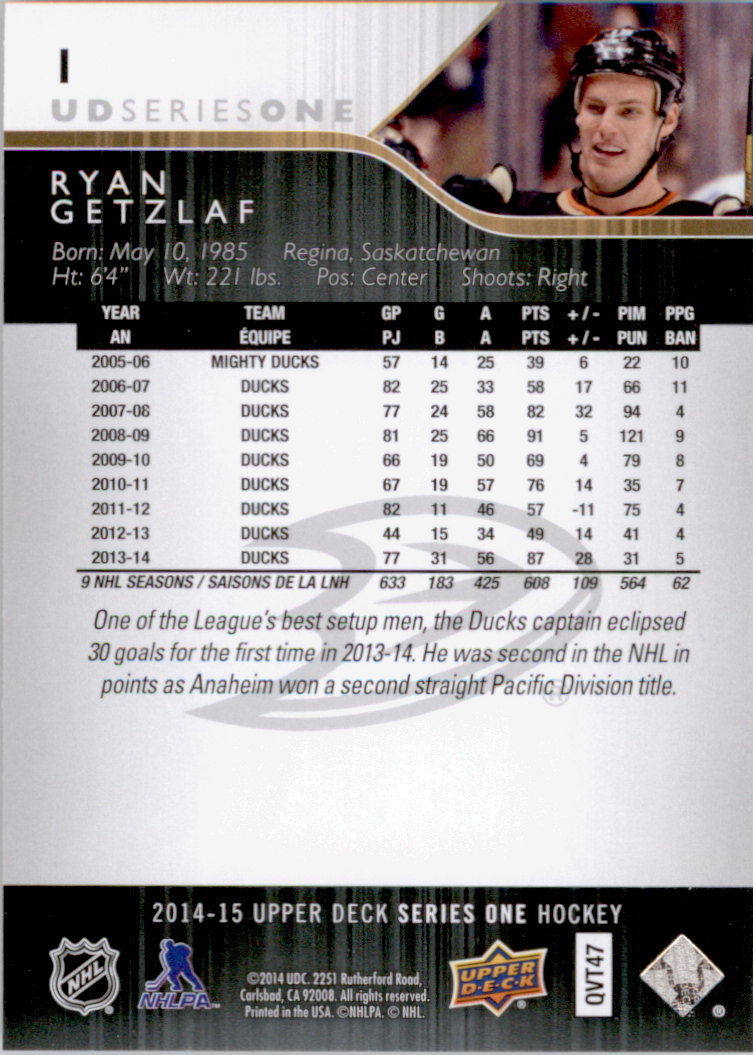 2014-15 Upper Deck #1 Ryan Getzlaf back image