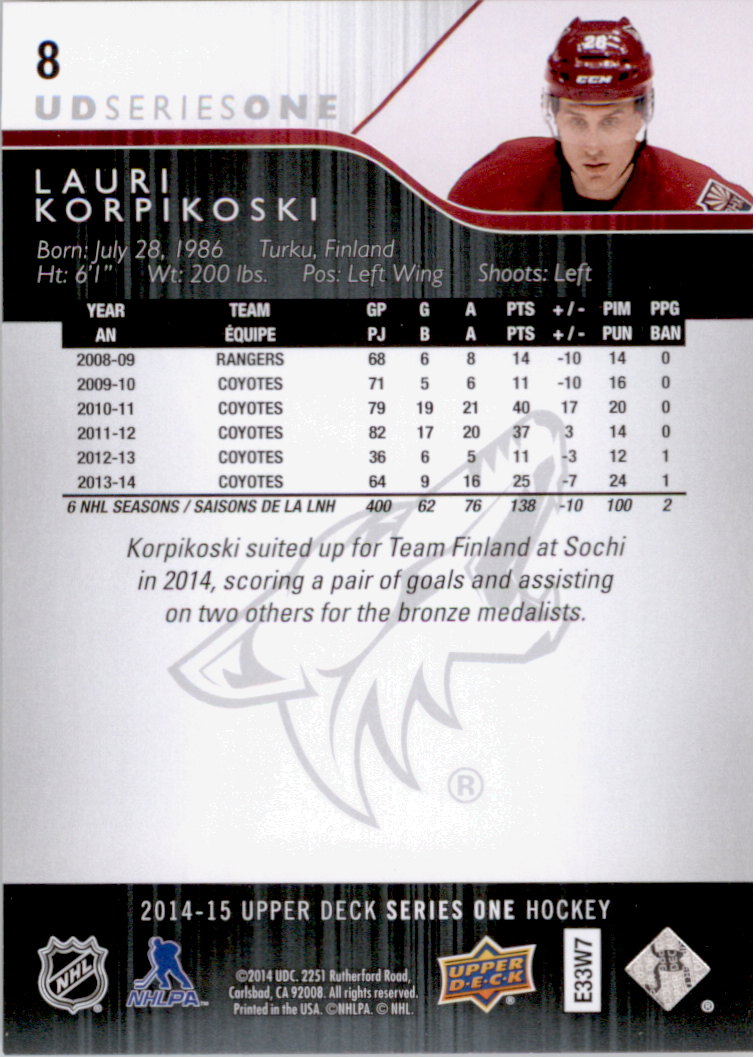 2014-15 Upper Deck #8 Lauri Korpikoski back image