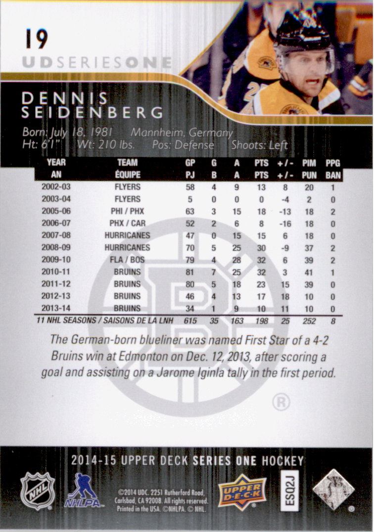 2014-15 Upper Deck #19 Dennis Seidenberg back image