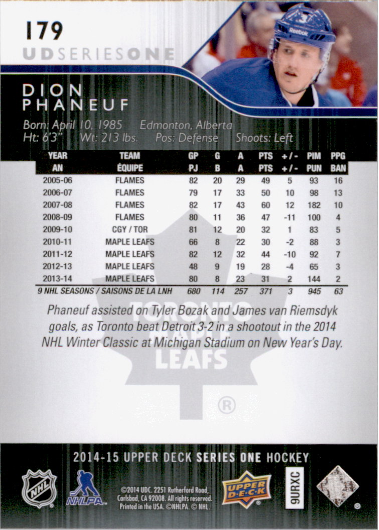 2014-15 Upper Deck #179 Dion Phaneuf back image