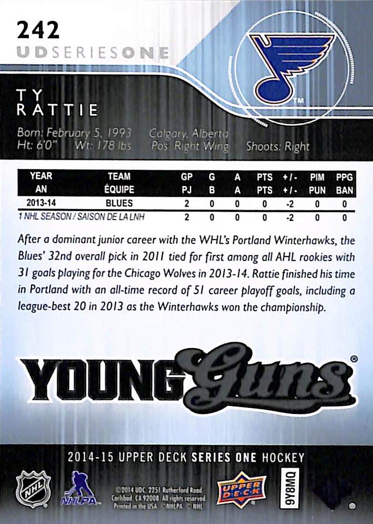 2014-15 Upper Deck #242 Ty Rattie YG RC back image