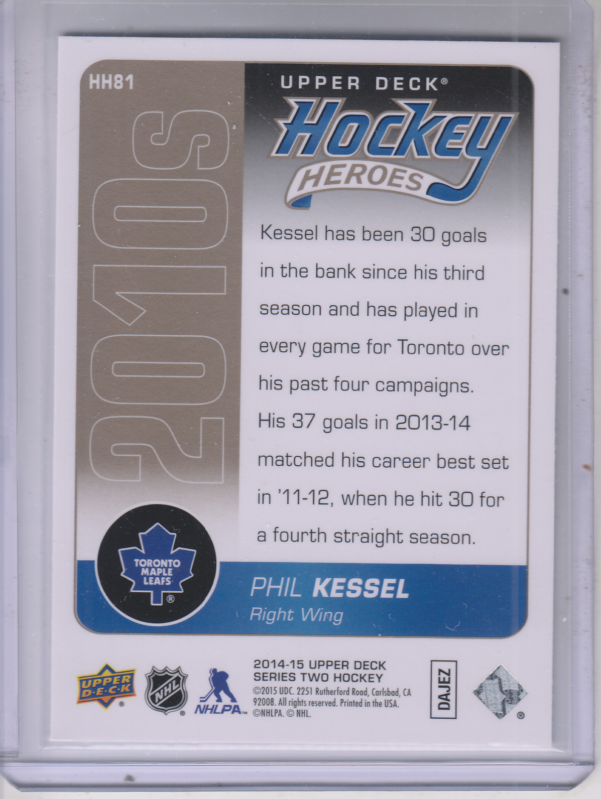 2014-15 Upper Deck Hockey Heroes #HH81 Phil Kessel back image