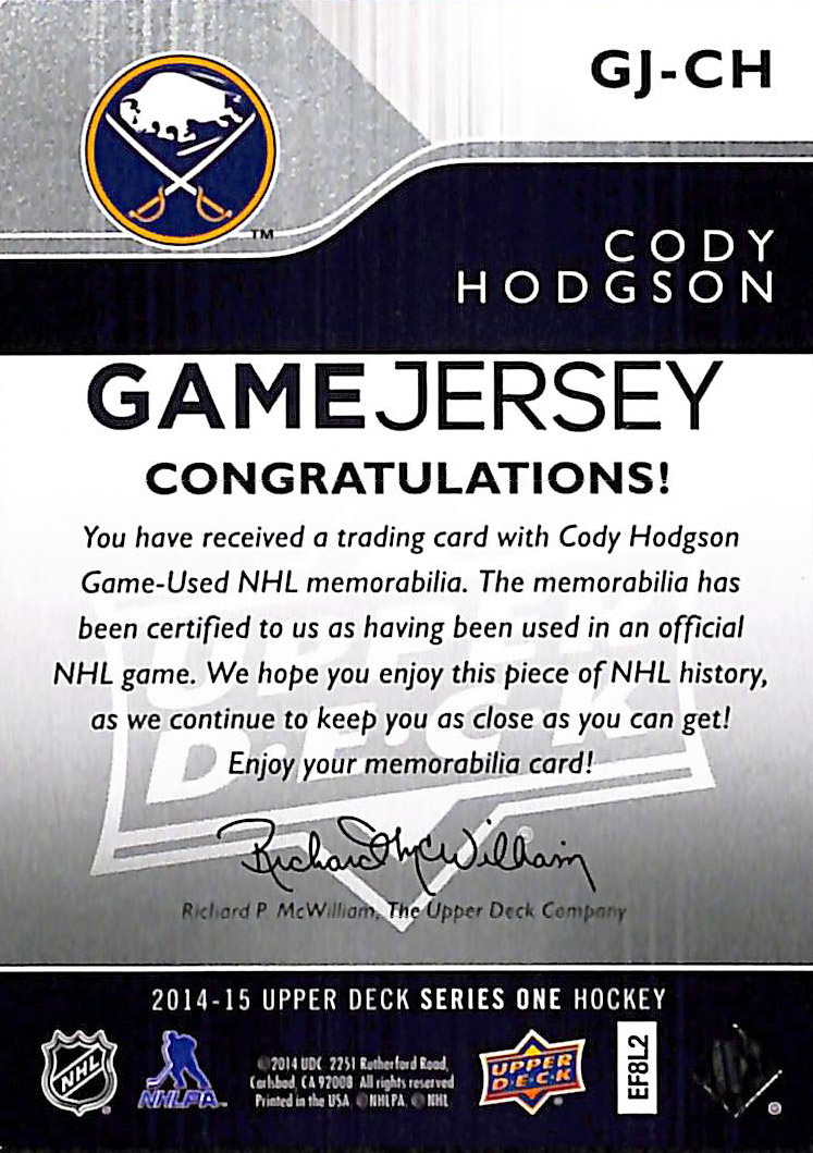 2014-15 Upper Deck Game Jerseys #GJCH Cody Hodgson 1E back image