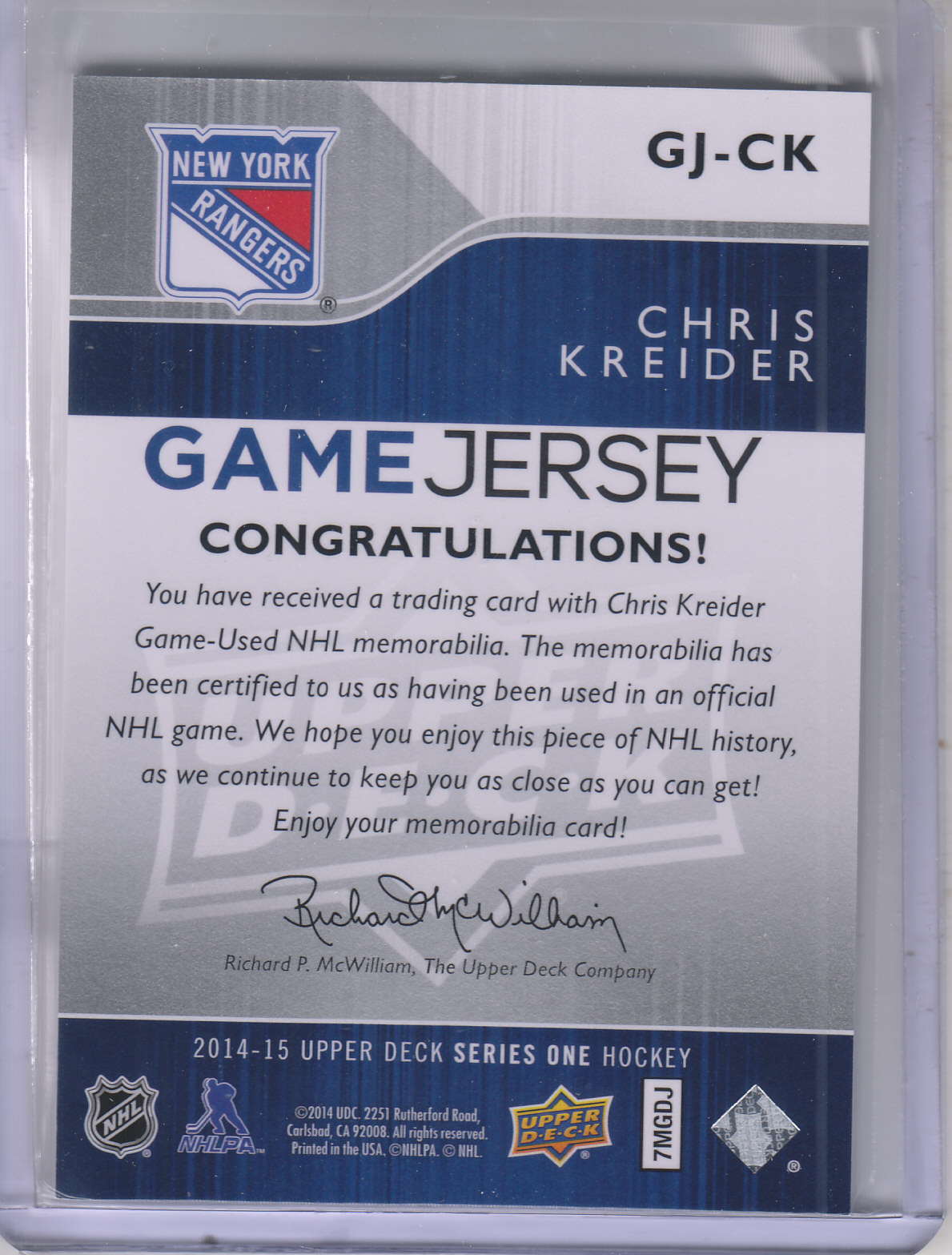 2014-15 Upper Deck Game Jerseys #GJCK Chris Kreider 1F back image