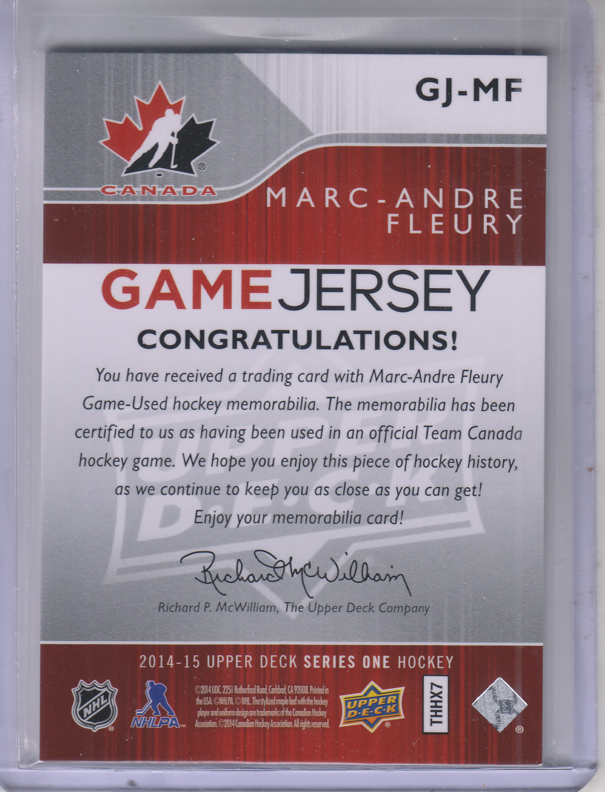 2014-15 Upper Deck Game Jerseys #GJMF Marc-Andre Fleury TC 1F back image