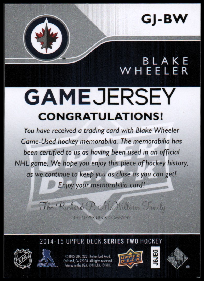 2014-15 Upper Deck Game Jerseys #GJBW Blake Wheeler 2 back image