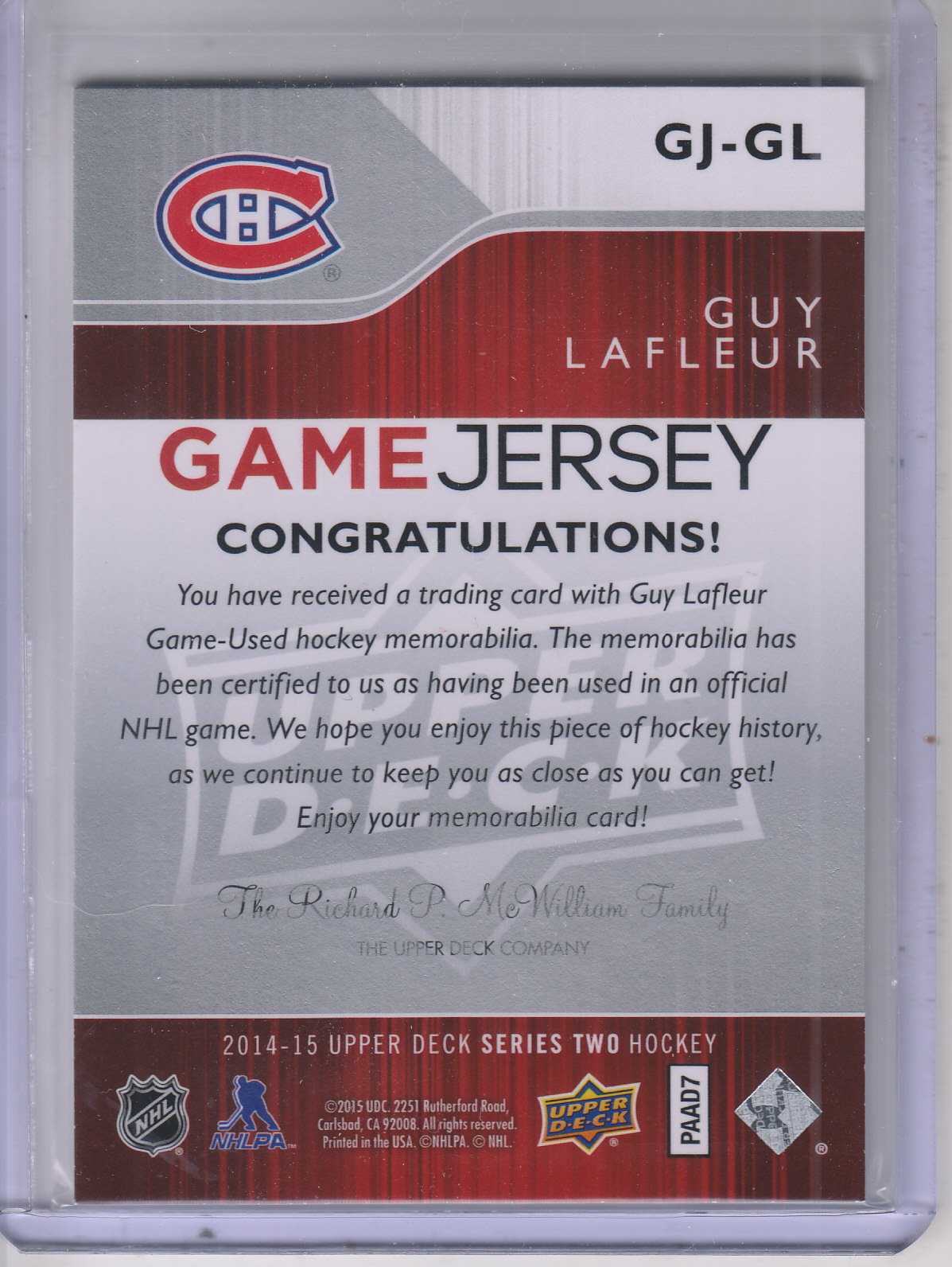2014-15 Upper Deck Game Jerseys #GJGL Guy Lafleur 2 back image