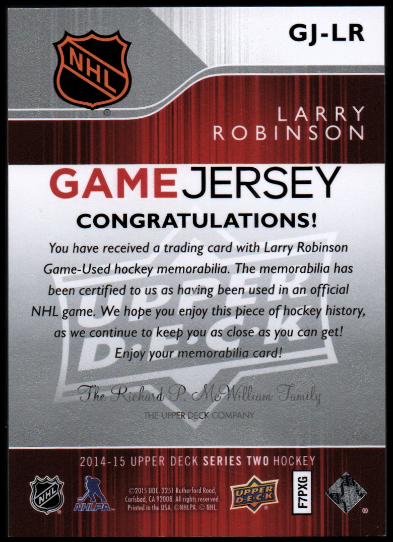 2014-15 Upper Deck Game Jerseys #GJLR Larry Robinson TC 2 back image