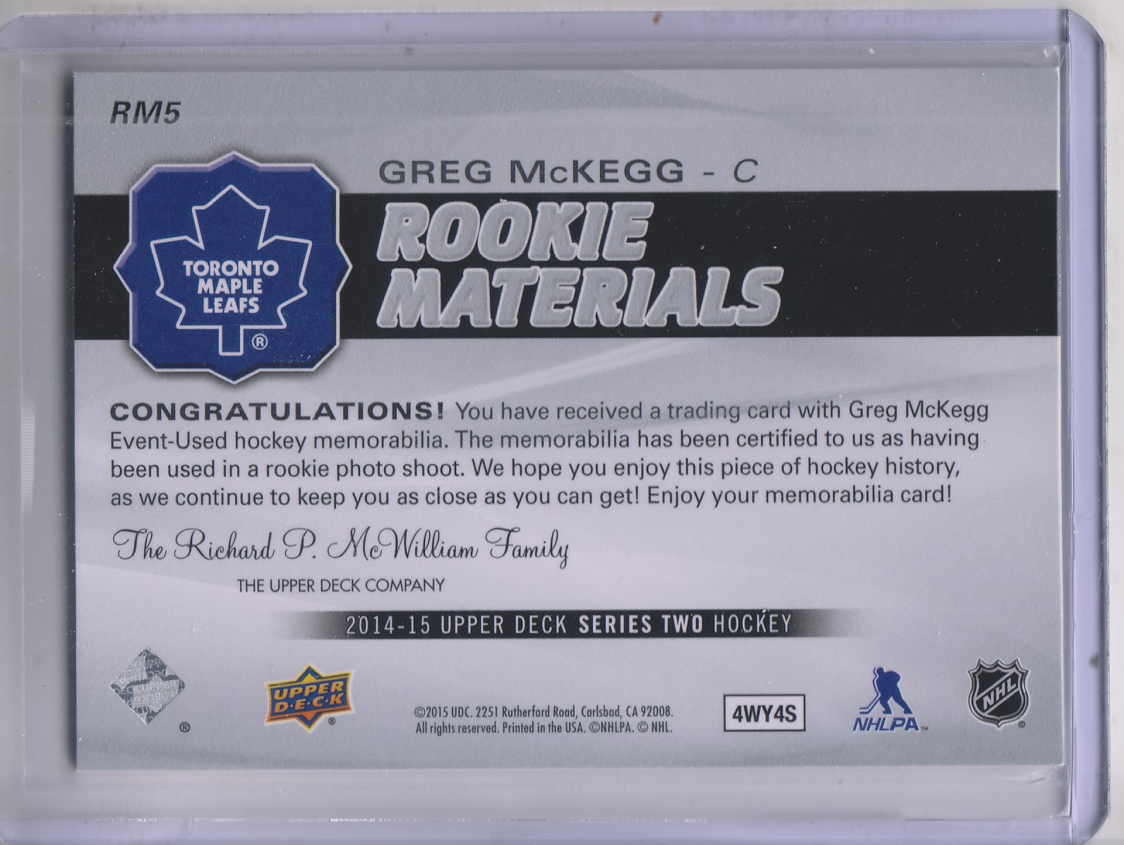 2014-15 Upper Deck Rookie Materials #RM5 Greg McKegg back image