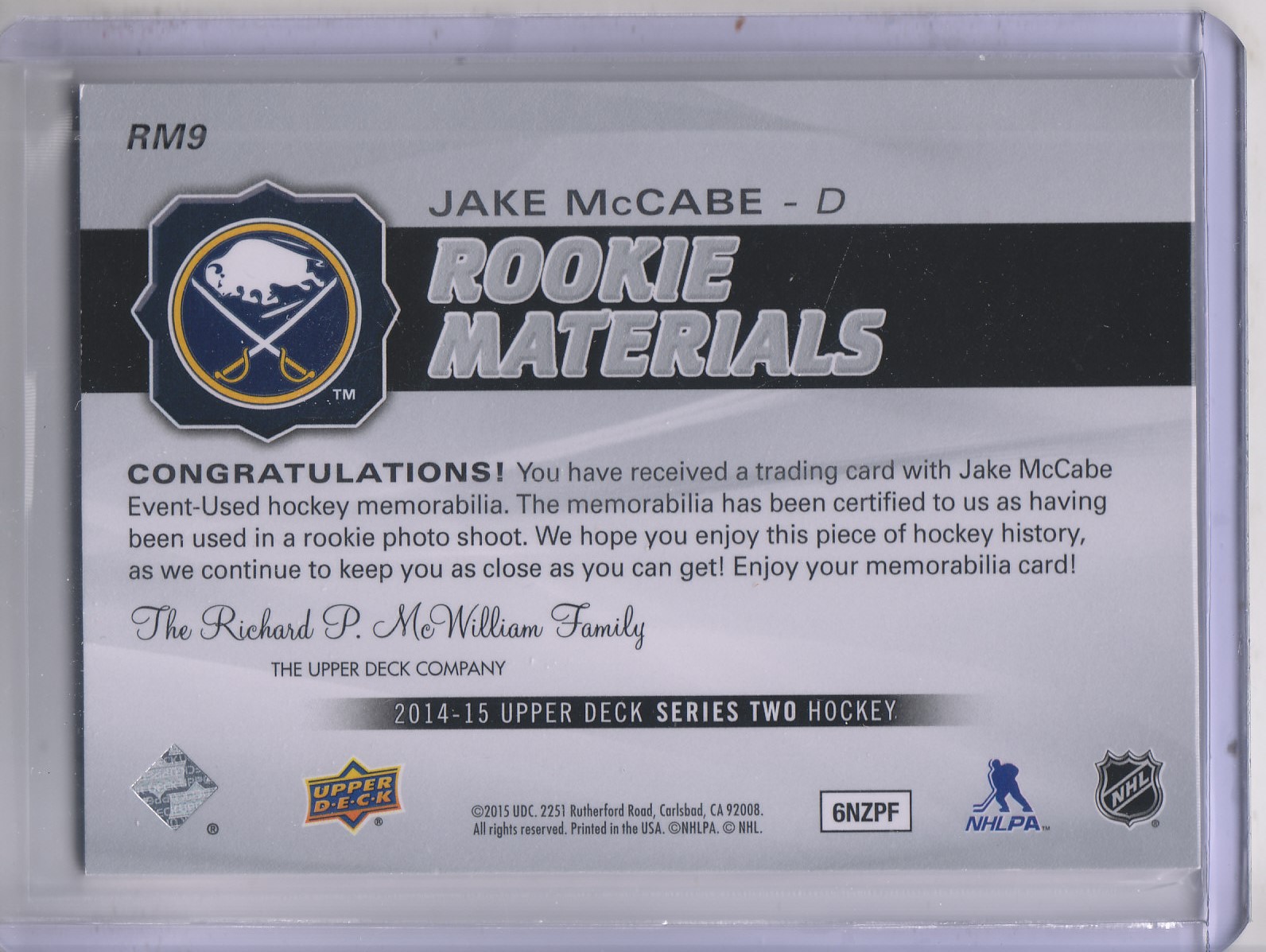 2014-15 Upper Deck Rookie Materials #RM9 Jake McCabe back image