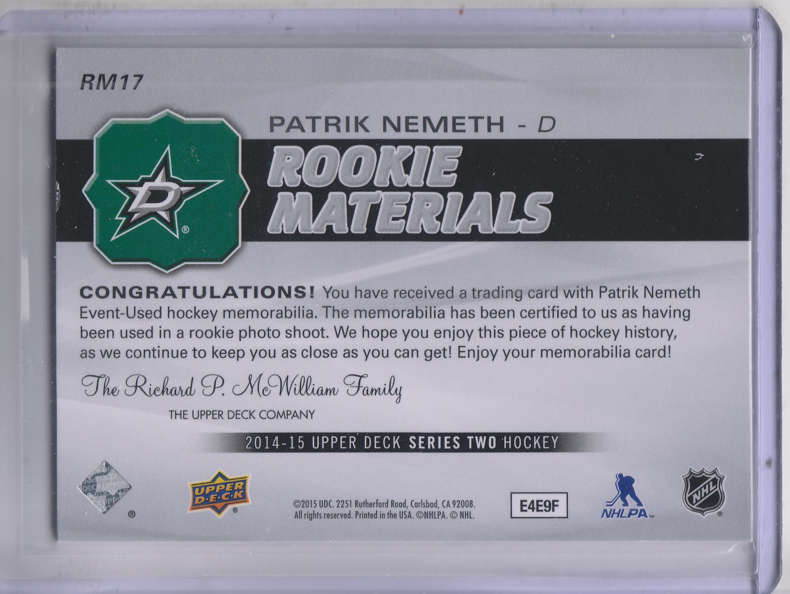 2014-15 Upper Deck Rookie Materials #RM17 Patrik Nemeth back image