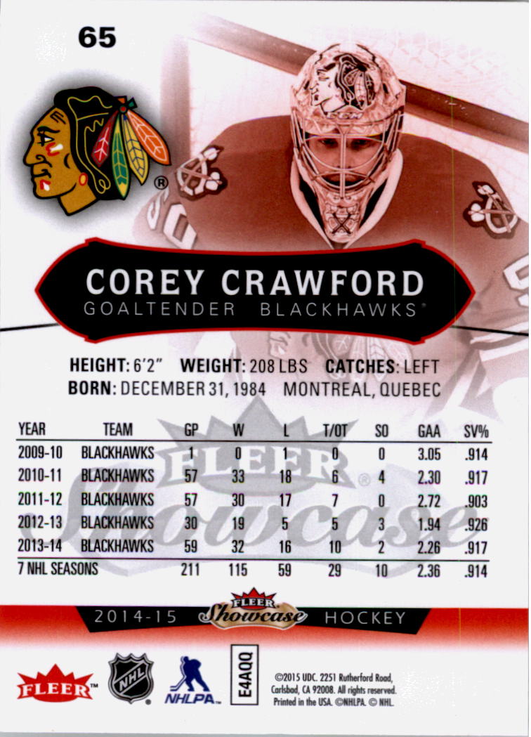 2014-15 Fleer Showcase #65 Corey Crawford back image