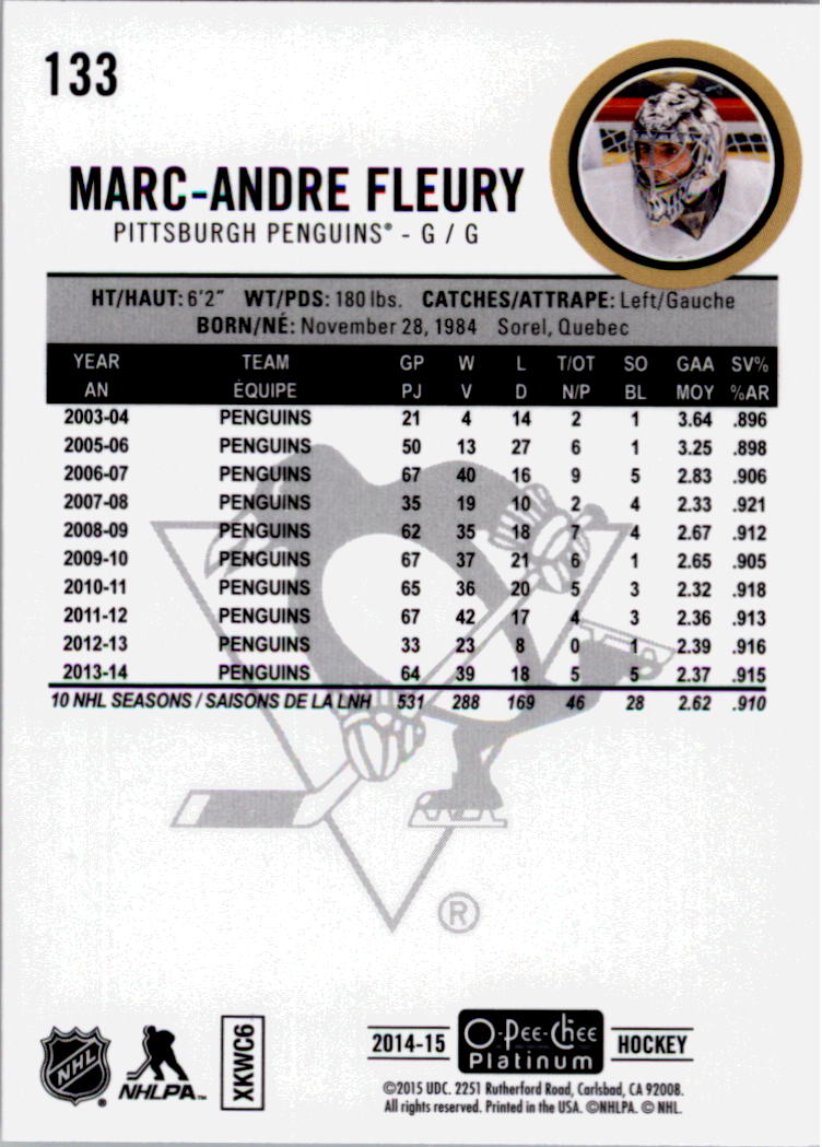 2014-15 O-Pee-Chee Platinum #133 Marc-Andre Fleury back image