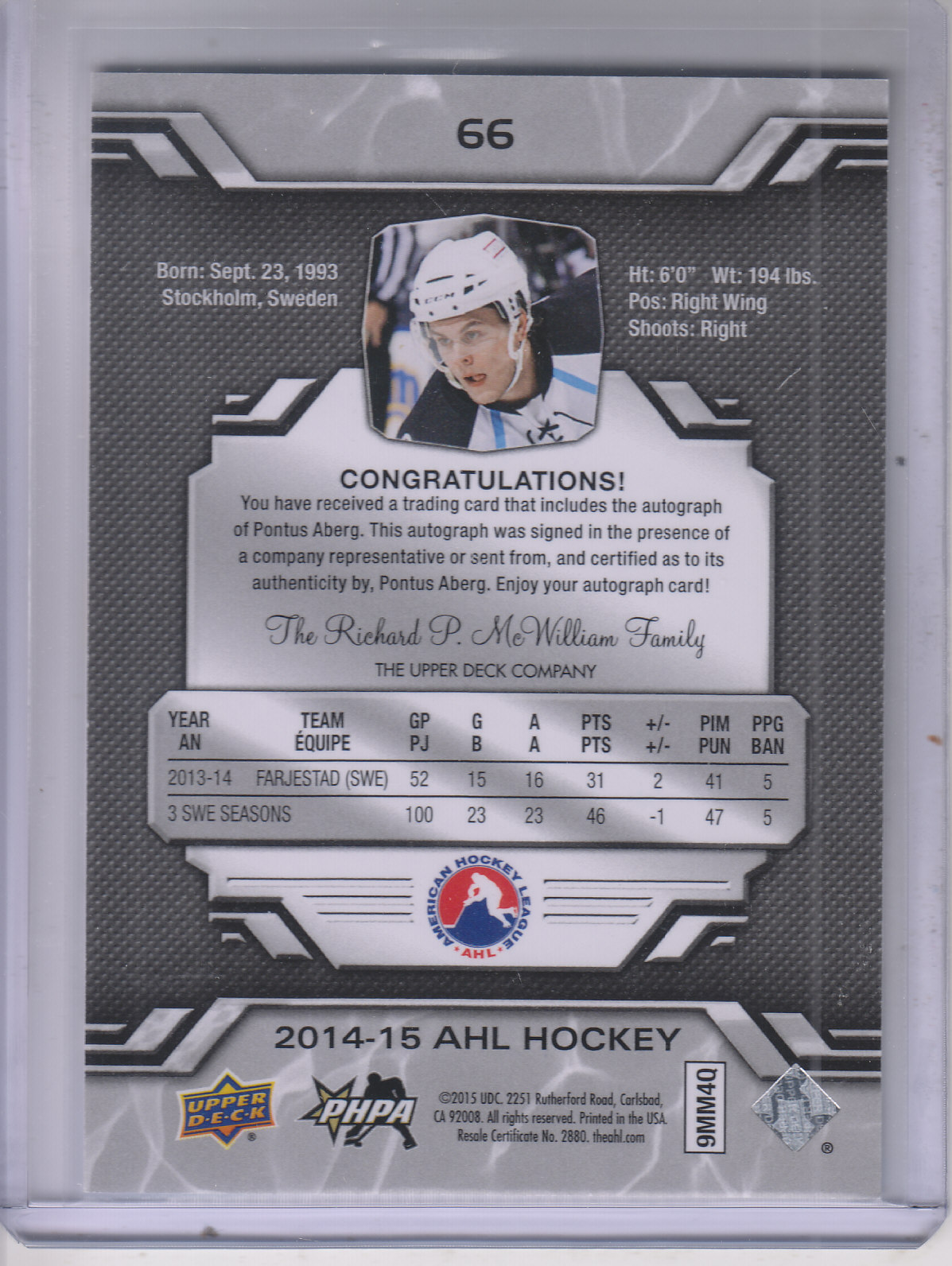 2014-15 Upper Deck AHL Autographs #66 Pontus Aberg back image