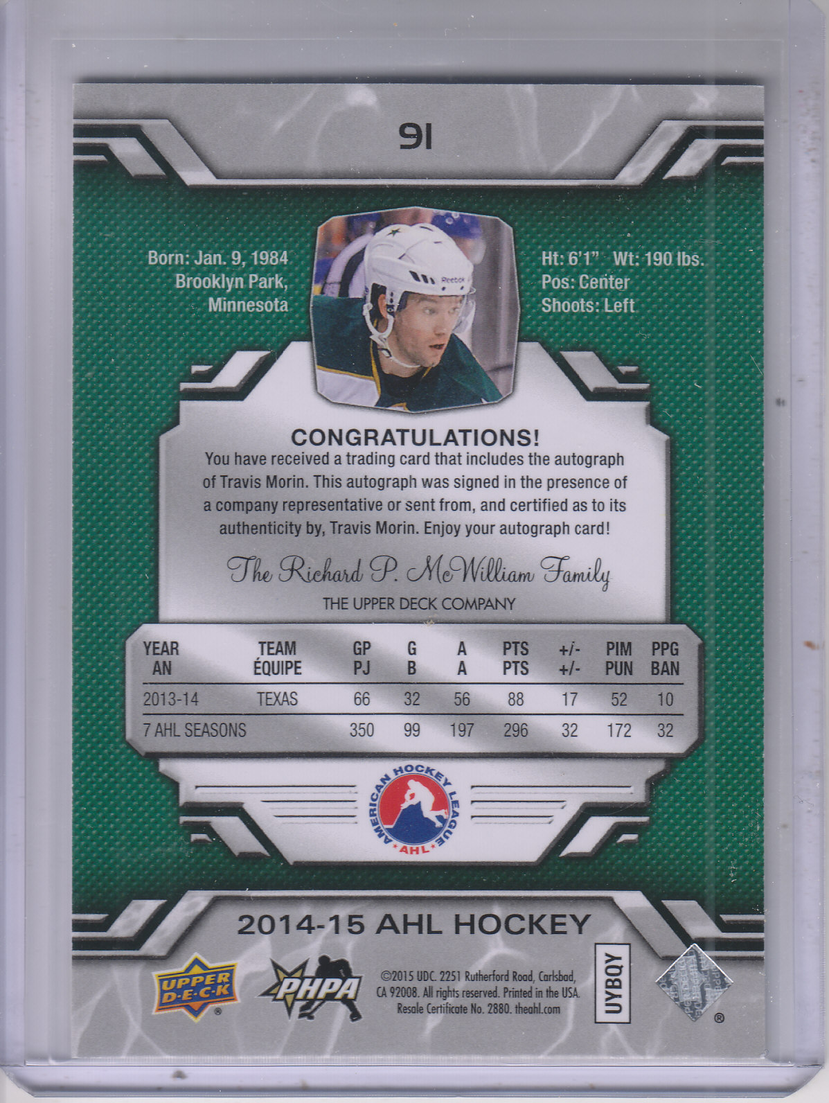 2014-15 Upper Deck AHL Autographs #91 Travis Morin back image