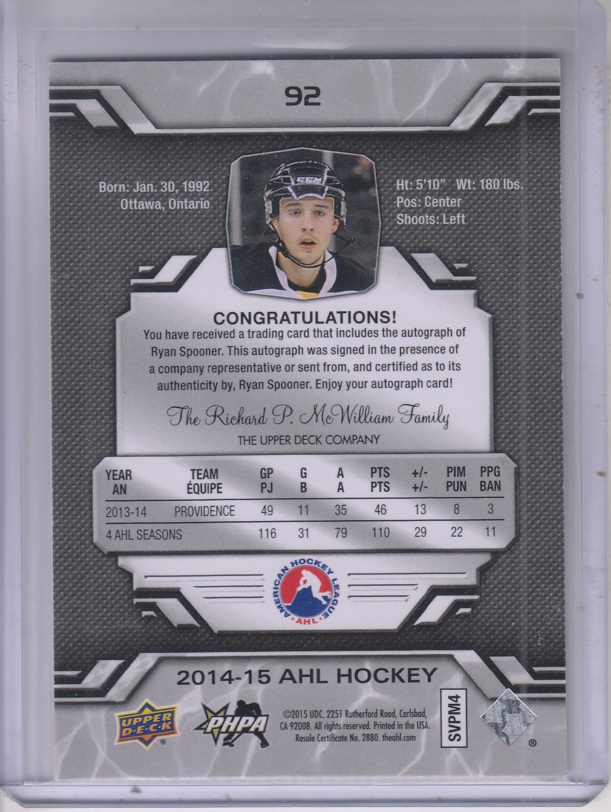 2014-15 Upper Deck AHL Autographs #92 Ryan Spooner back image