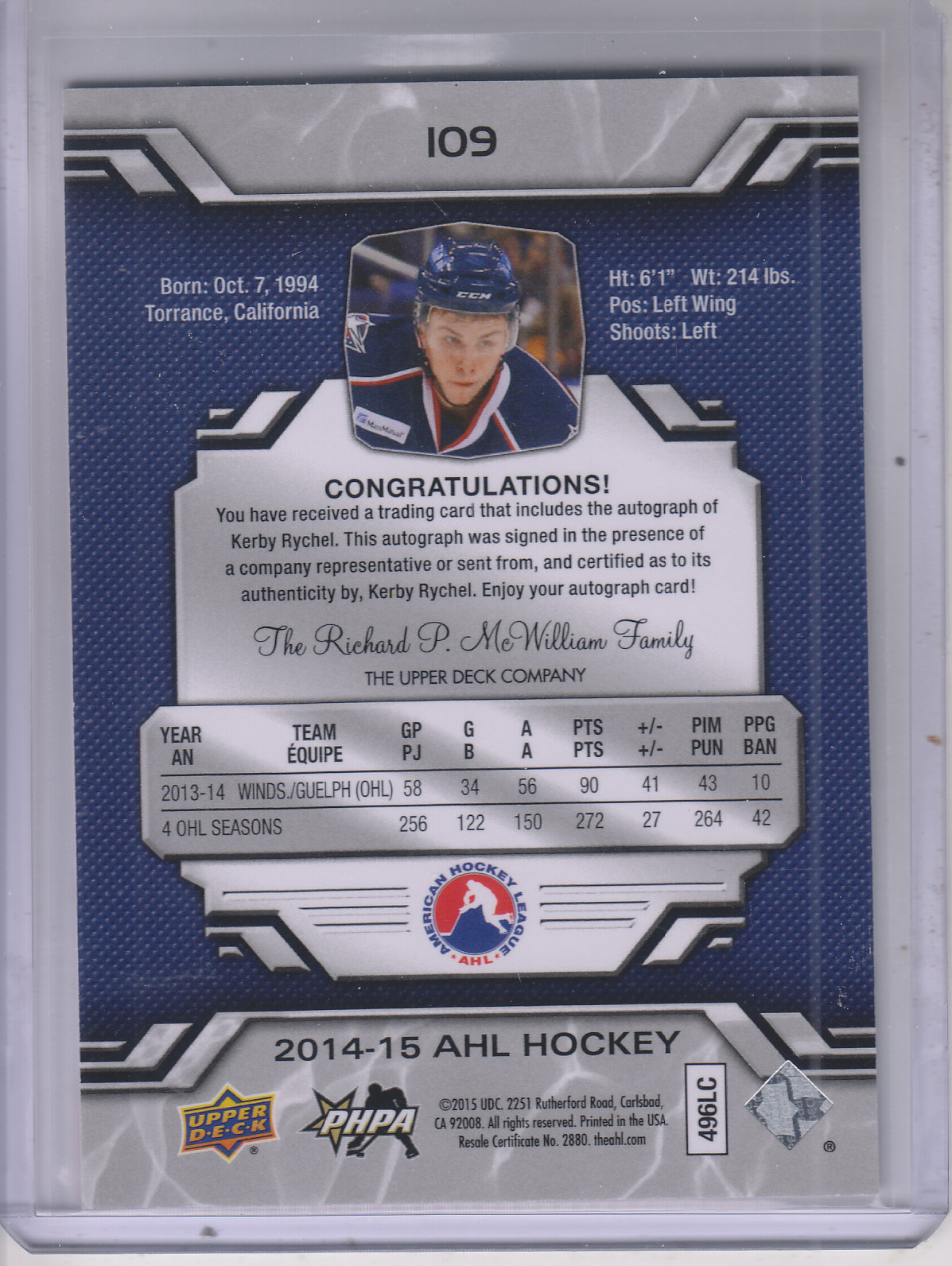 2014-15 Upper Deck AHL Autographs #109 Kerby Rychel back image