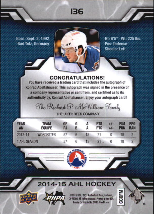 2014-15 Upper Deck AHL Autographs #136 Konrad Abeltshauser back image